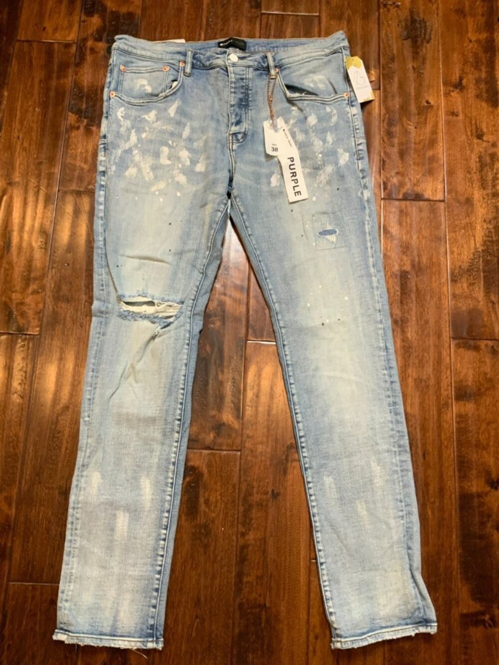 Purple Brand Blue Light Wash Splatter Distressed Denim P001 Slim Jeans Sz 38 NWT